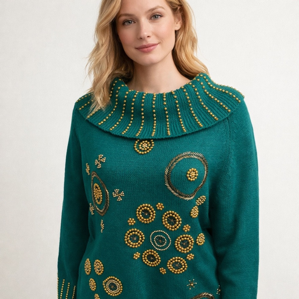 VILIA INTERNATIONAL Elegant Teal and Gold Embellished Sweater
